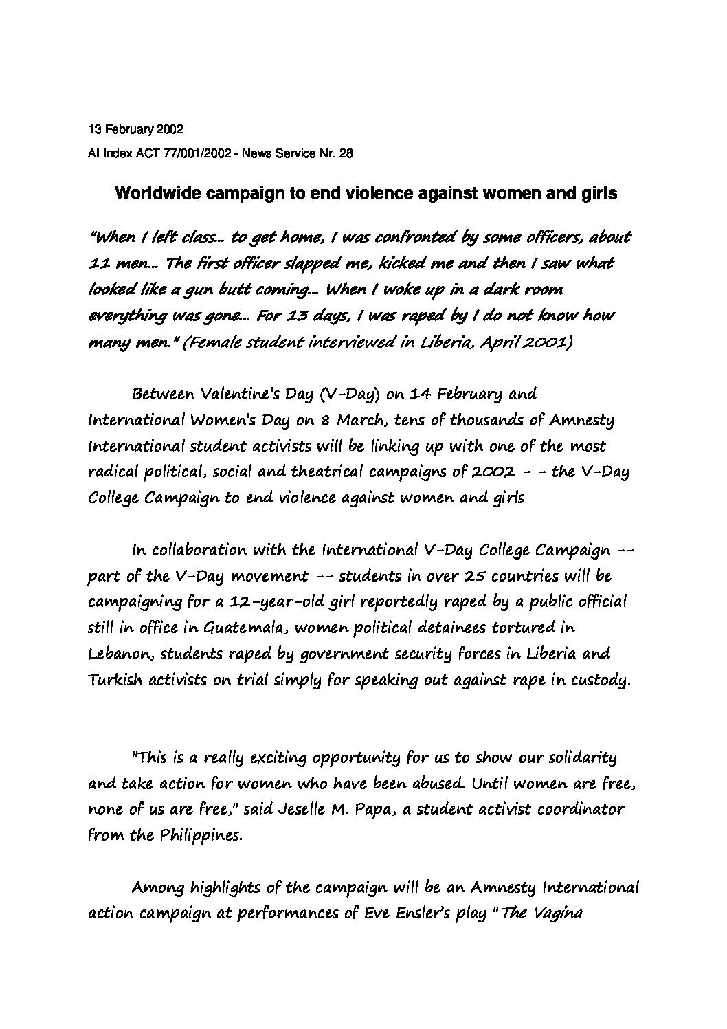 Worldwide campaign to end violence against women and girls ...